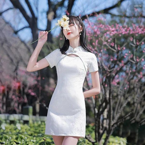 Abbigliamento etnico Yourqipao Estate 2024 Breve Cheongsam sexy Ragazze Gonna Qipao in pizzo Mini Tang Suit Abito da sera in stile cinese per le donne