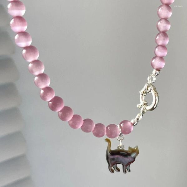 Colares de pingente bonito gato rosa cristal opala frisado colar para mulheres doce legal estética clavícula corrente 2024 jóias na moda presente