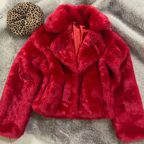 Pelz Frauen Faux Pelz drehen Kragen Kurzer roter Mantel Herbst/Winter Nachahmung Rex Kaninchenfell Jacke Ins Pelzung Parka Flocken -Strickjacke