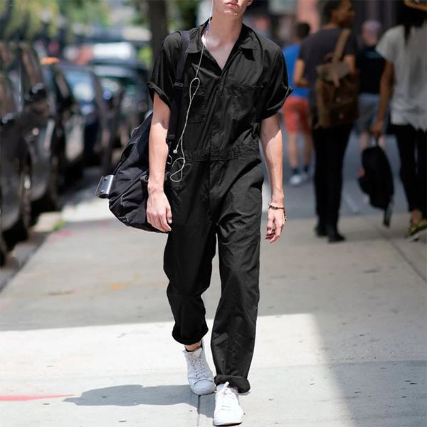 Macacão masculino manga curta cor sólida calças moda streetwear zip bolso laper macacão workwear calças roupas