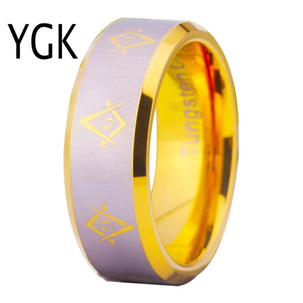 Bands Ygk Tungsten Ring Gioielli Ygk Vendite calde da 8 mm Gold Colore con smusso Masonon Masonic's Men's Comfort Tungsten Anello nuziale