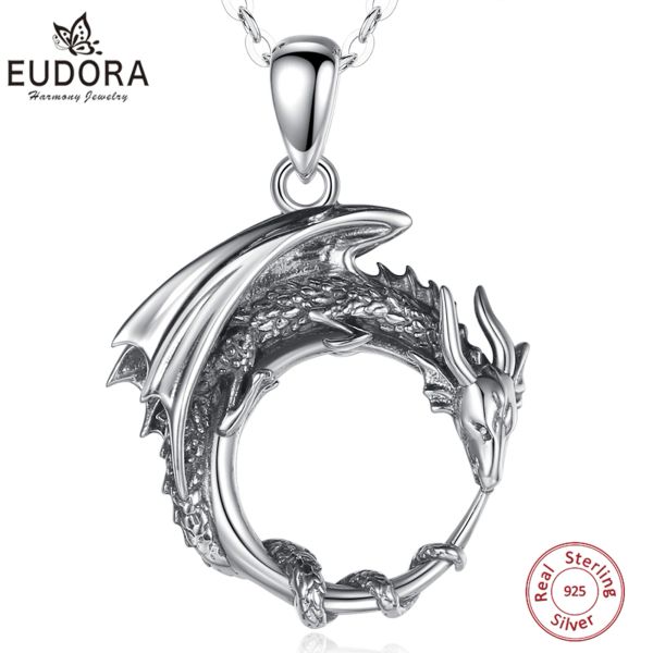 Pingentes Eudora Real 925 Sterling Silver Cool Dragon Neckalce Temperamento Personalidade Dragão Pingente Moda Jóias para Homem Caixa de Presente 639