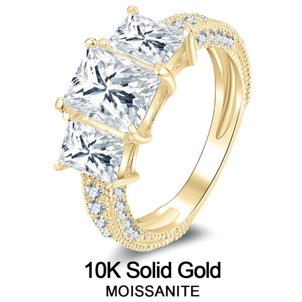 Anéis Lnngy Anel de Moissanite de Três Pedras para Mulheres 10K Pure Gold Lab Criado Diamante Eternidade Anéis de Noivado Delicados Jóias Diárias