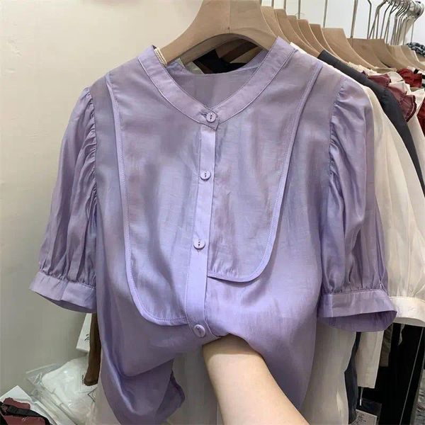 Blusas femininas elegantes roxo retalhos chiffon blusa 3/4 manga puff solta all-match único breasted camisas feminino o-pescoço topo verão 2024