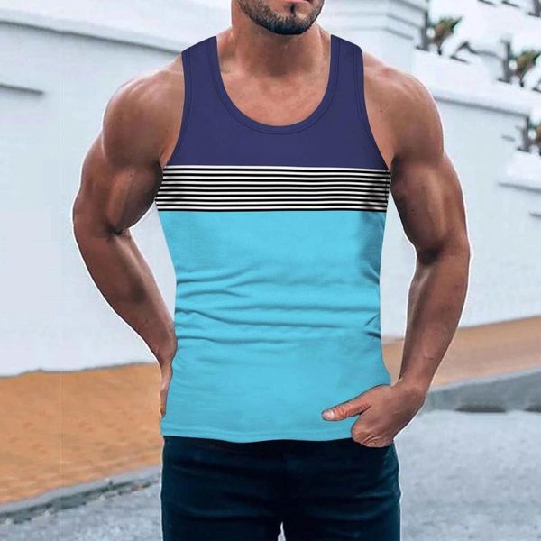 Herren-Tanktops, Sommer, gestreift, lässig, Strand-Oberteil, Hemd, elegant, sportlich, ärmellos, locker, Herren, einfarbig, groß, groß