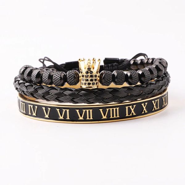 Armbänder, hochwertiger Edelstahl, schwarze Emaille, römischer Armreif, CZ-Kronen-Charm, verstellbares Armband-Set