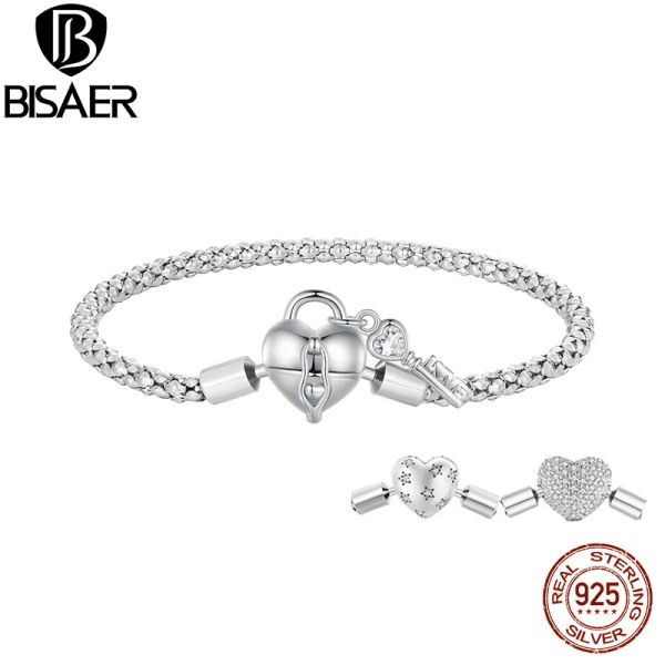 Braccialetti BISAER Bracciale a cuore in argento sterling 925 con serratura aperta Chiave zircone placcato in platino Lampadina braccialetto di base per donna Gioielleria raffinata