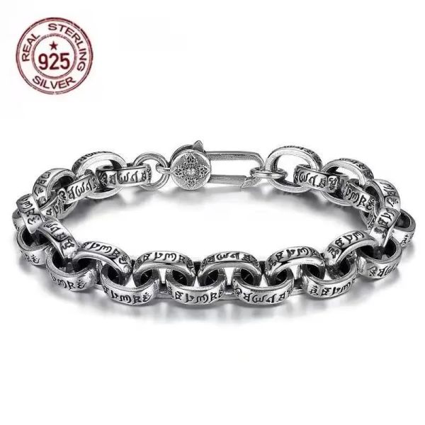 Armreifen Fabrikpreis 100% Real Solid S925 Silber Neues Sixcharacter Mantra Armband Männer Frauen Retro Trend Schmuck Geschenk