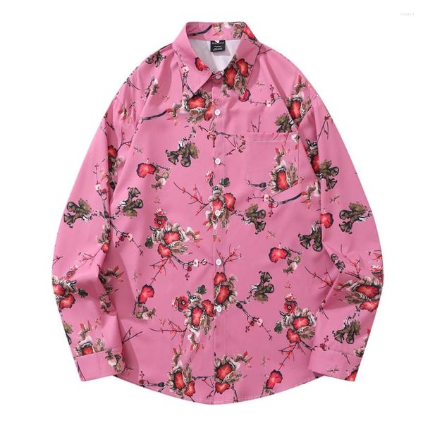 Männer Casual Hemden Voll Gedruckt Gebogenem Saum Blumen Hemd Männer Frauen Herbst Langarm Mann Bluse Rosa Beige