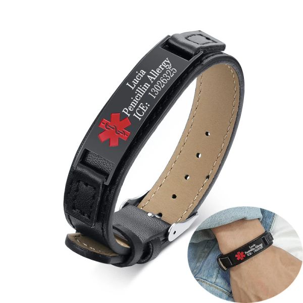 Pulseiras de couro personalizado alerta médico id pulseiras homens mulheres livre personalizado diabetes alergia emergência lembrar pulseira jóias