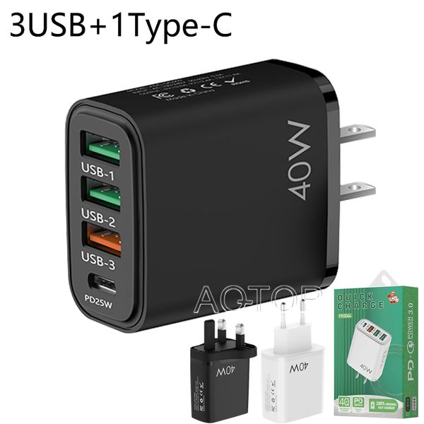 3USB+1PD Multi-Port-Wandadapter 40W Telefon-Laptop-Ladegerät EU US UK tragbare Ladegeräte Mobiltelefon-Ladegeräte