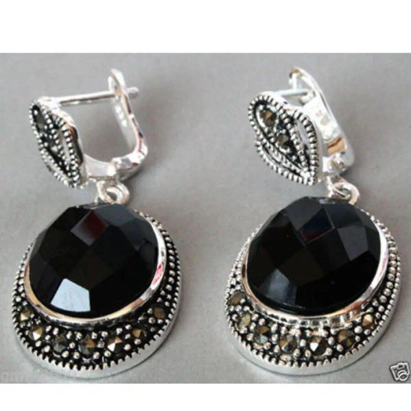 Ohrringe Kostenloser Versand heißer Verkauf neue Vintage 925 Sterling Silber natürliche facettierte schwarze Jade Onyx Markasit Ohrringe