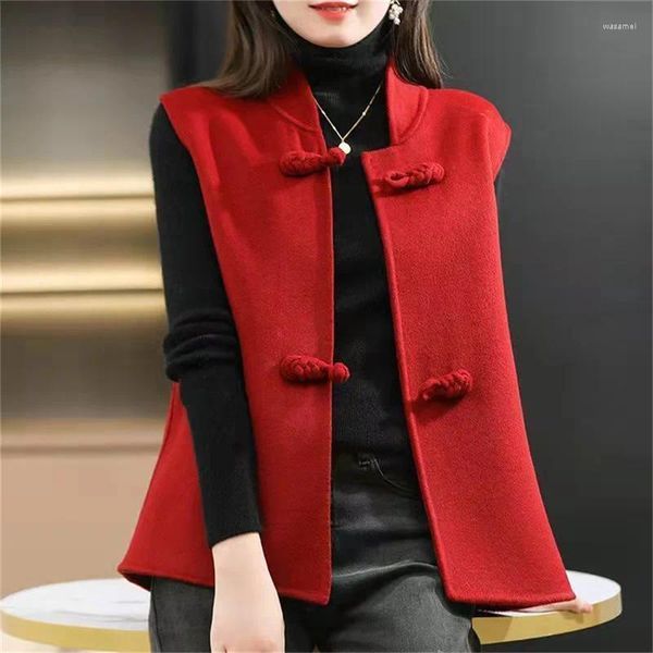 Женские жилеты, осенне-зимний жилет из шерстяной ткани в китайском стиле, тонкий универсальный жилет, жилет с короткими пуговицами, красный цвет