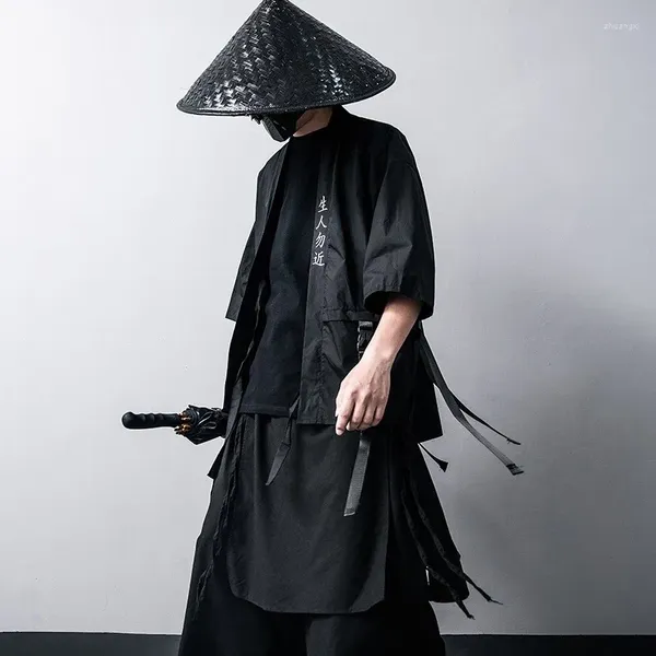 Roupas étnicas Tradicional Kimono Cardigan Calças Terno Homens Preto Algodão Super Cool Stage Haori Samurai Cosplay Trajes Jaqueta Solta