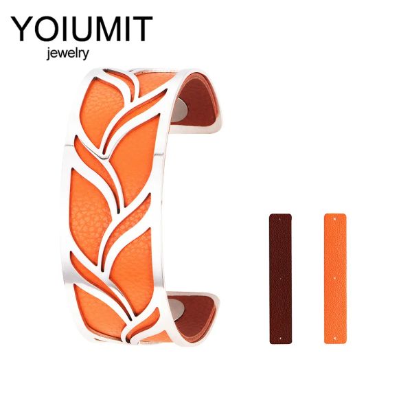Armreifen Yoiumit Luxus Edelstahl Manschettenknopf austauschbare Lederarmbänder für Frauen Femme Accessoires Bestes Geschenkgroßhandel