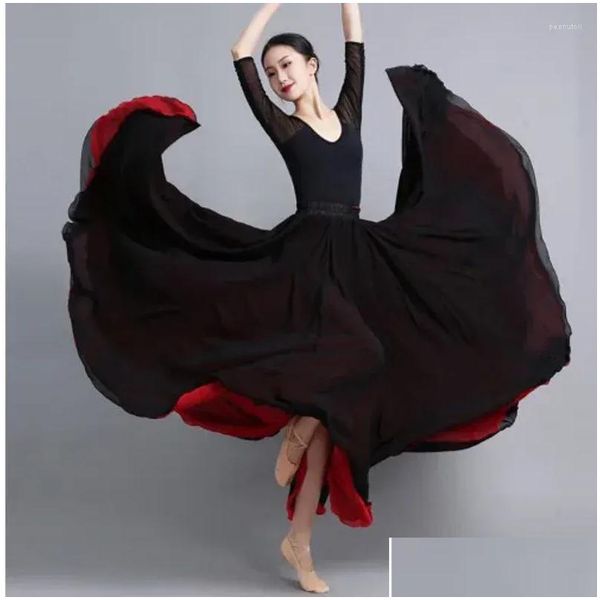 Palco desgaste flamenco chiffon dança saia para mulheres 720 graus cor sólida saias longas dançarina prática estilo chinês com grande bainha gota ot9s3