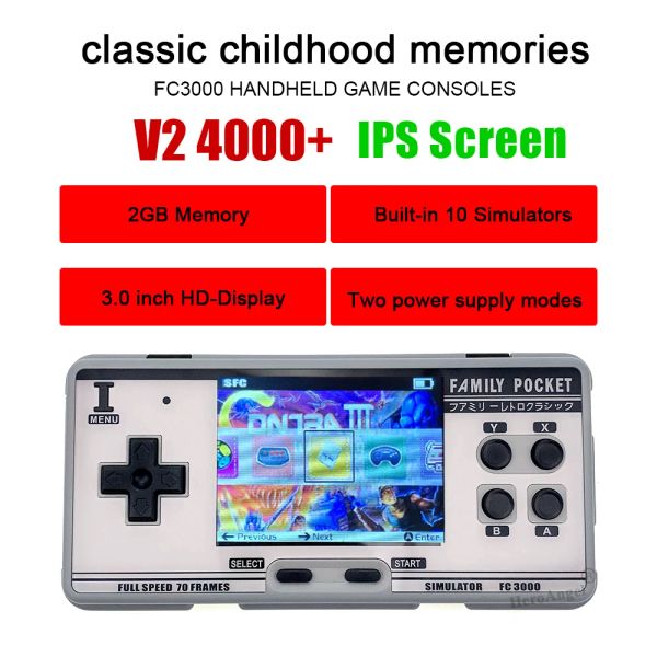 Konsolen FC3000 V2 IPS Bildschirm Klassiker Retro Handheld Game Console 4000 Spiele Video Game Player Support 10 Formate Tragbare Spielekonsole