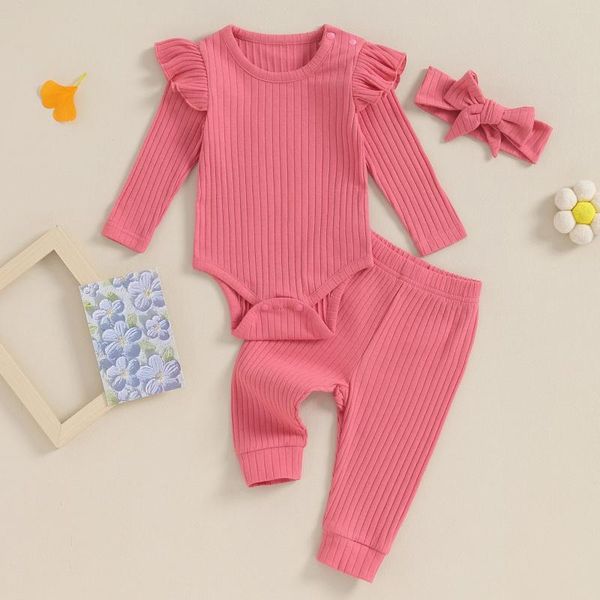 Set di abbigliamento 3 pezzi a coste in morbido cotone per neonate vestiti Set autunno primavera abiti manica lunga pagliaccetto pantaloni fascia per bambini neonato