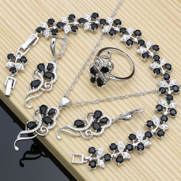 Conjuntos de pedras pretas 925 prata esterlina conjuntos de jóias de fantasia para mulheres de noiva linha design brincos moda colar conjuntos dropshipping