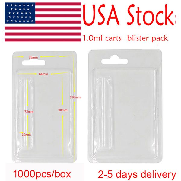 Cartucce Vape Stock USA Custodie in blister Confezione da 1 ml 0,8 ml Gancio in PVC trasparente Atomizzatori in ceramica completa Confezione Custodia in plastica a conchiglia Sigarette elettroniche Scatola da 1000 pezzi