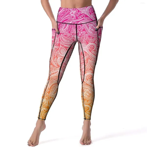 Calças ativas branco paisley yoga laranja ombre ginásio leggings push up estiramento esporte novidade gráfico legging presente de aniversário