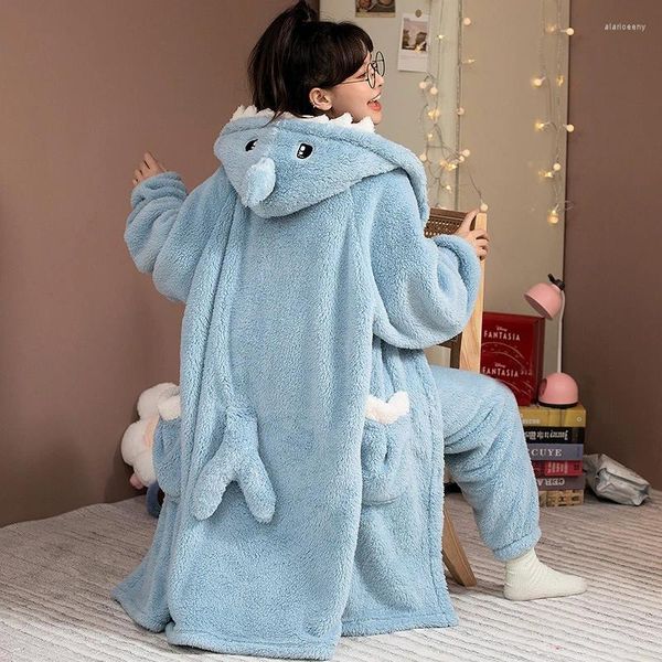 Mulheres sleepwear cartoon flanela nightgowns longo grosso coral veludo pijama conjunto mulheres inverno bonito quente nightdress tubarão cosplay terno