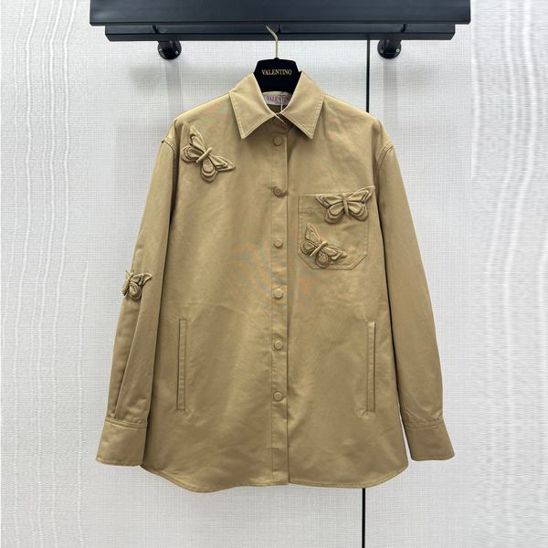 Damenblusen, Hemden, Baumwolle, Khaki, handgefertigt, mit Schmetterlingsdekoration, locker sitzende Hemdjacke