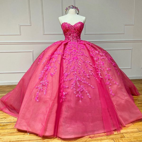 Rose Rot Glänzende Prinzessin Spitze Appliques Tull Quinceanera Kleider Weg Von Der Schulter Ballkleid Prinzessin Kleid Korsett vestidos de 15