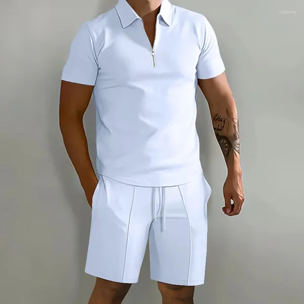 Tracksuits masculinos verão cor sólida define high street polo colarinho manga curta zip prendedor pullovers cintura elástica bolsos y2k shorts