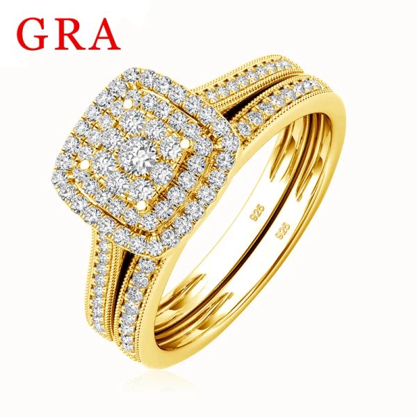 Anéis 2pcs Amarelo Gold Moissanite Noivado Anéis de noivado definido para mulheres 100% Real Pass Diamond Tester Bandy Jewelry Lover Casal Gifts