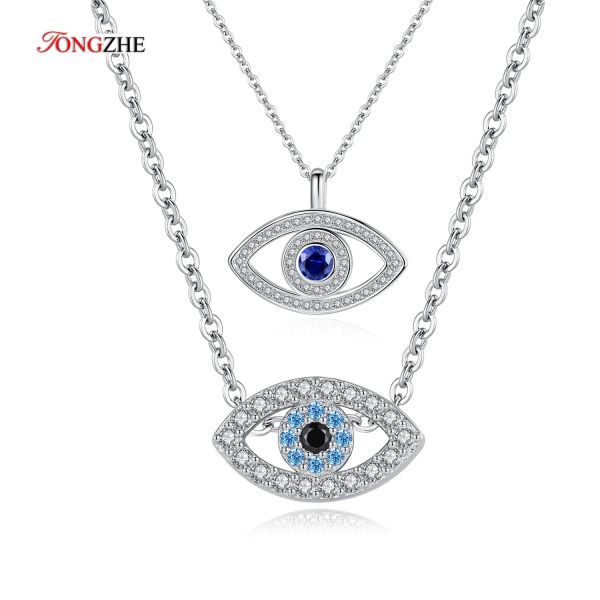 Anhänger TONGZHE 925 Sterling Silber Halskette Anhänger Lucky Evil Eye Blue CZ Lange Gliederkette Türkei Schmuck Saphir Aquamarin Halskette