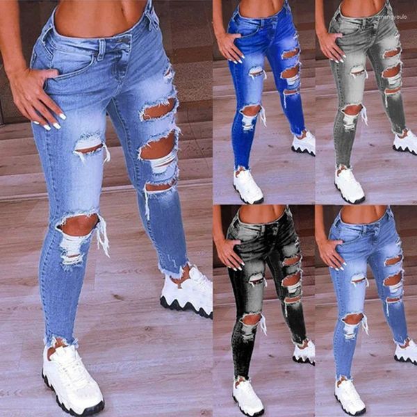 Jeans da donna blu chiaro strappati per le donne 2024 Street Style pantaloni sexy a vita bassa effetto consumato elasticizzati pantaloni a matita in denim con foro scarno