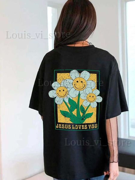 Kadın T-Shirt Ayçiçeği İsa seni seviyor, basılmış kadın pamuk kısa kolu All-math büyük boy üstler kişilik gündelik giyim kadın tişörtleri t240221