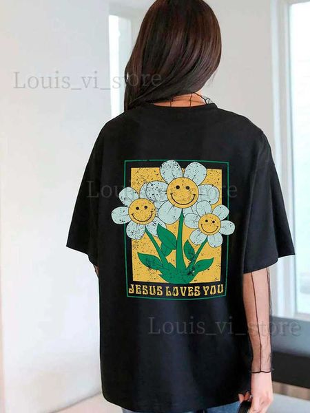 Camiseta feminina Girassol Jesus te ama imprime mulheres algodão manga curta all-math oversize tops personalidade casual roupas femininas camisetas t240221