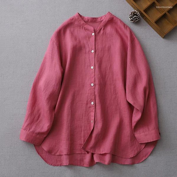 Blusas femininas rosa vermelha gola de algodão camisa de manga comprida feminina primavera e verão moda coreana simples temperamento solto blusa casual