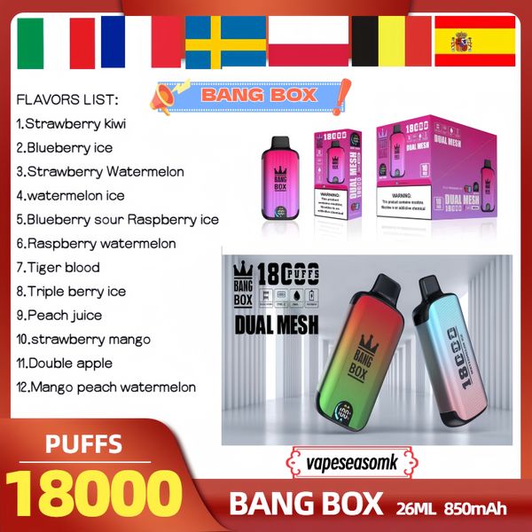 Orijinal Bang Box 18000 Puflar Tek Kullanımlık Vape E-Cigarettes 0/2/3/5% 12 Tatlar 26ml Ön Doldurulmuş Pod Mesh Bobin 850mAH E sıvı güç ekranı dijital dispal vape 18k puf