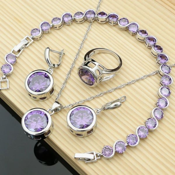 Sets 925 Silberschmuck Sets Big Purple Amethyst Birthstone Ohrringe Ringe Modezubehör Halskette Set Wiomen Geschenk Dropshipping