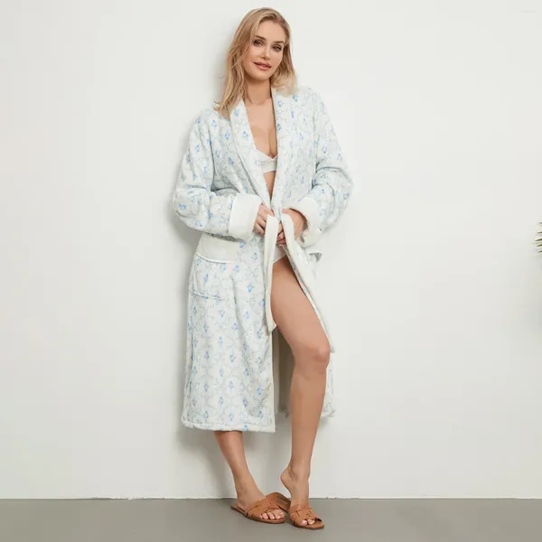 Mulheres sleepwear mulheres quimono roupão floral impressão quente manga longa spa noite robe com cinto para roupa de pijama macio outono inverno