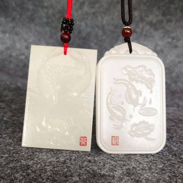 Anhänger Natürliche Doppel Fisch Lotus Weiße Jade Anhänger Halskette Drop Shipping Handgeschnitzte Glück Amulett Liebhaber Halskette Für Männer Und Frauen