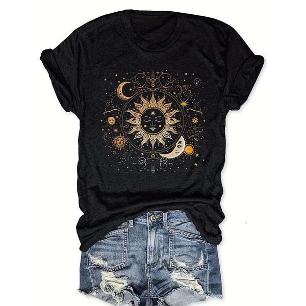 T-shirt da donna a maniche corte con collo rotondo ampio e stampa sole e luna da donna