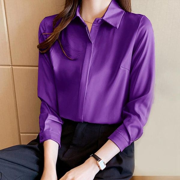 Blusas femininas moda rayon cetim camisa de seda feminina outono roxo sólido básico manga longa ol camisas blusa vintage senhoras de escritório elegante