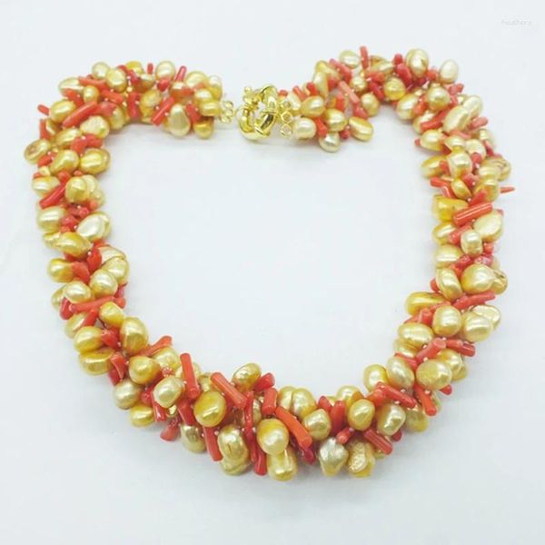 Gargantilha Lindo presente de mãe!4 fileiras de colares de coral irregulares naturais barrocos e laranja 20