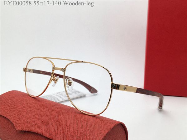 Neues Modedesign, Pilotenform, optische Brille 00058, Metallrahmen, Holzbügel, Männer und Frauen, einfacher und beliebter Stil, leichte und leicht zu tragende Brille