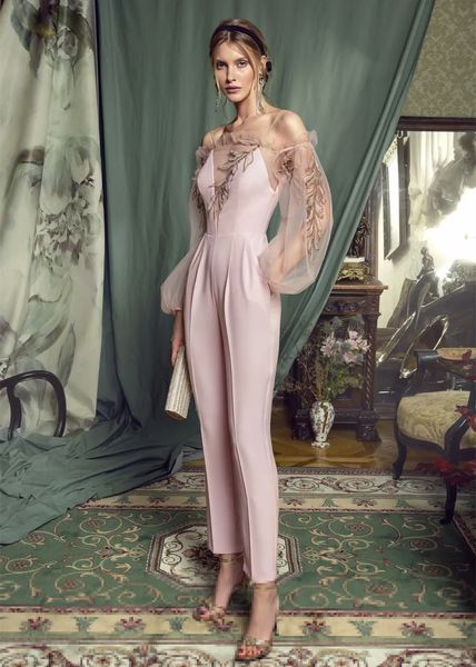 Elegante abito per la madre della sposa rosa chiaro con tasche sulla spalla maniche lunghe tute abito da ospite di nozze 2024 abbigliamento da donna semplice formale