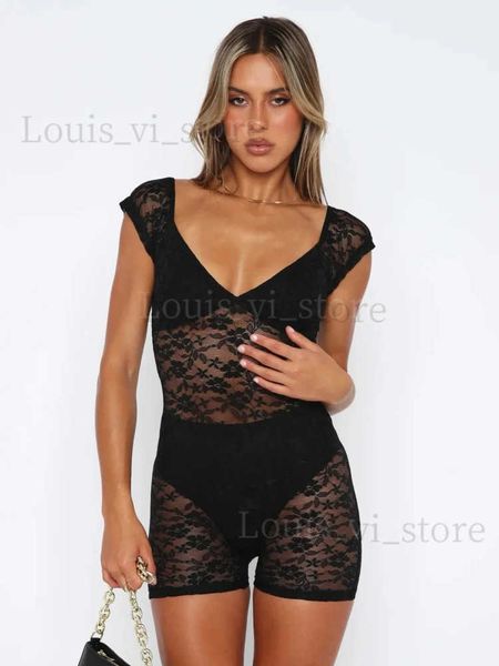 Tute da donna Pagliaccetti Fantoye Patchwork See Through Lace Body da donna Bianco scollo a V Bodycon Pagliaccetti Femme Summer Elastic Hot Girl Party Clubwear 2023 T240221