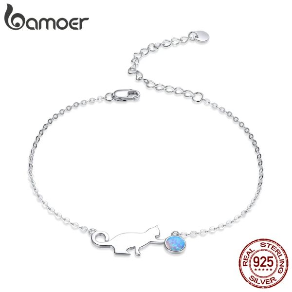 Bangles Bamoer Authentic 925 Sterling Silver Cute Pussy Cat Opala Link Pulseira para Mulheres Luxo Fine Jewelry Presentes Femininos SCB175