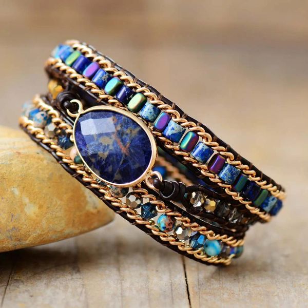 Bracelets Sombra azul 3 fios Bracelets de embrulho de couro com sodalita de sodalite de braclet de cordão de miçangas de cristal homme jóias femininas bijoux