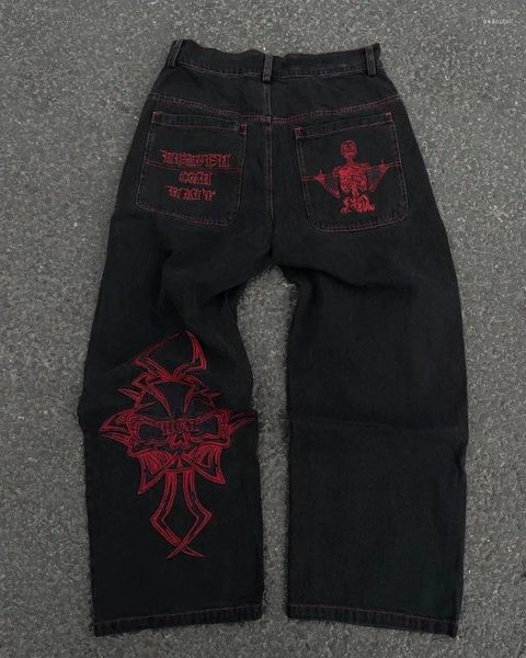 Jeans masculinos harajuku y2k homens vintage goth crânio bordado lavado perna larga streetwear mulheres reta casual baggy