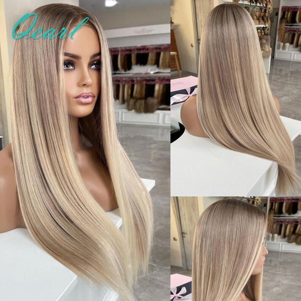 Braune Wurzeln Highlight-Perücken für Frauen, transparente Spitze-Front-Echthaar-Perücke, vorgezupft, Highlight-Aschblonde Spitze-Frontal-Perücke, vorgezupft