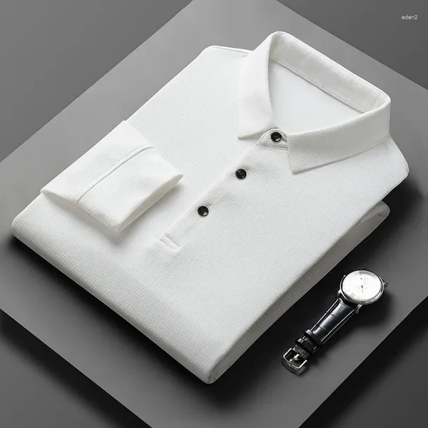 Мужские поло, легкая осенняя одежда 2024, однотонная классическая деловая повседневная рубашка-поло с лацканами и длинными рукавами, топ M-4XL